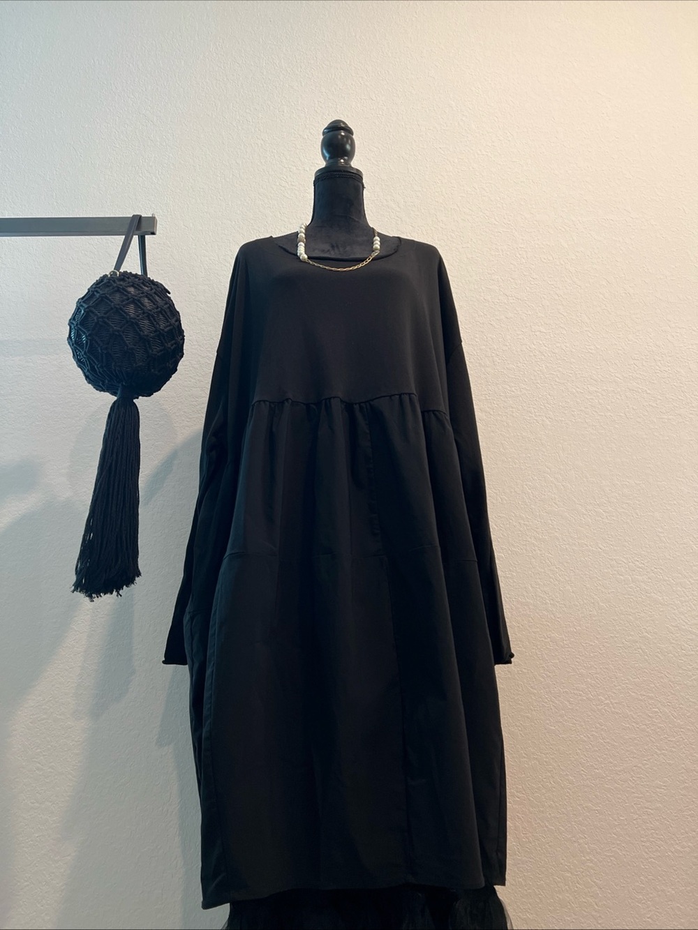 Relaxed Black Long Sleeve Tiered Dress by